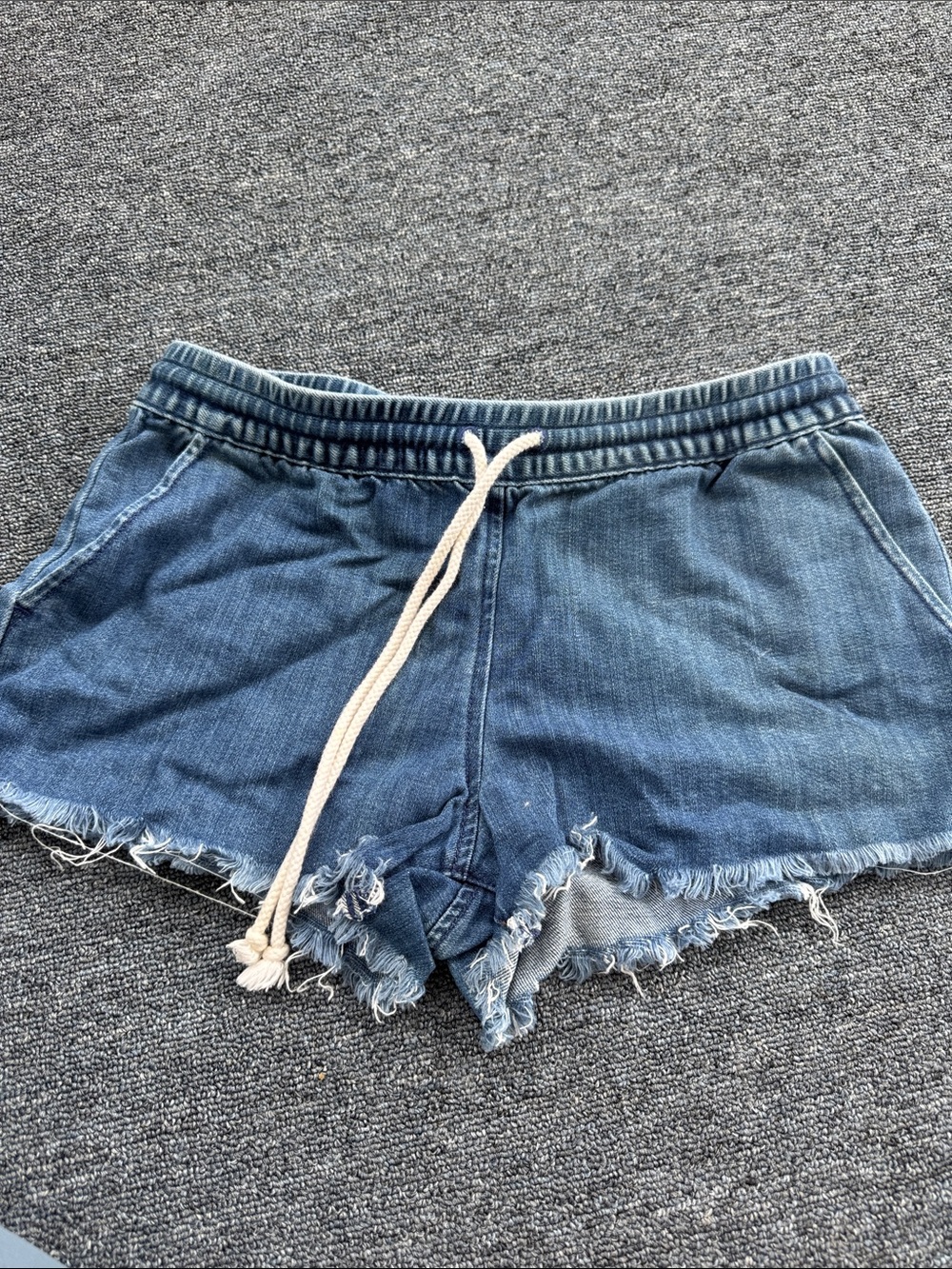 aerie Indigo Denim Frayed Hem Drawstring Shorts